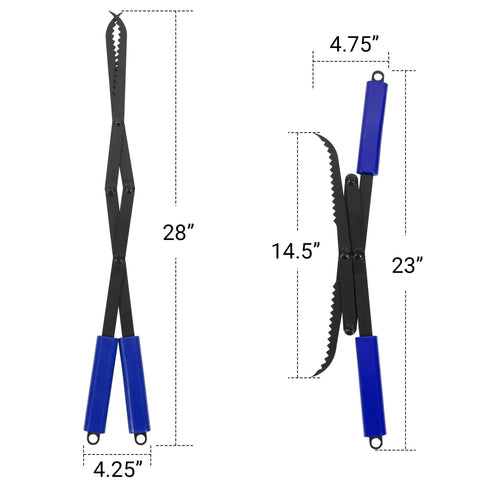 Heavy Duty Collapsible Firewood Tongs 28 Inch Solid Manganese Steel With Serrated Scissor Jaws displayed with measurements.