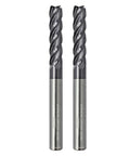 Two extra-long carbide square-end milling cutters with 1/4-inch shank, 4-flute.