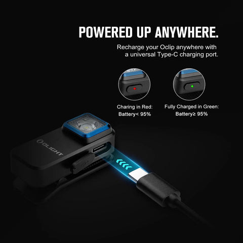 Charging Oclip Mini Rechargeable EDC Clip Flashlight With Dual Light Sources White Daylight And Red Night Vision, USB-C cable connected