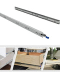 32 Inch Heavy Duty Drawer Slides With Soft Close And Lock Built To Take A Beating, 265 Lb Load Capacity, Side Mount Full Extension Ball Bearing Runners, Zinc Coated For Corrosion Resistance, Anti Skid Pad, Industrial RV Rail shown installed in various settings