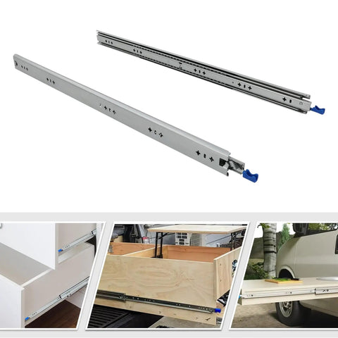 32 Inch Heavy Duty Drawer Slides With Soft Close And Lock Built To Take A Beating, 265 Lb Load Capacity, Side Mount Full Extension Ball Bearing Runners, Zinc Coated For Corrosion Resistance, Anti Skid Pad, Industrial RV Rail shown installed in various settings