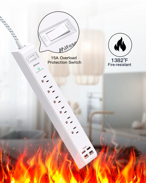 Gritty Heavy Duty Surge Protector Power Strip With Ten Foot Cord And Low Profile Plug serving six AC outlets and four USB ports.