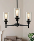 Industrial Glass Cylinder Pendant Chandelier in Black, 6 Light Farmhouse Vibe for Dining Room with three glass shades