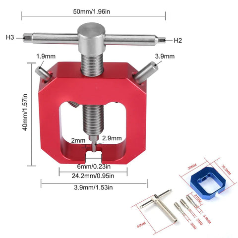 Mini Gear Puller For RC Cars Red Aluminum Pinion Bearing Removal Tool Pro Grade Gear Puller For RC Motors, showing dimensions and parts.