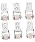 6 Piece White Nylon Sliding Wheels For Furniture Drawers Slick Rolling Track Guide Casters Heavy Duty Rock Solid Glide Pullout Drawer Rollers Quiet Replacement Hardware For Cabinets And Beds - close-up view of nylon casters with metal brackets.