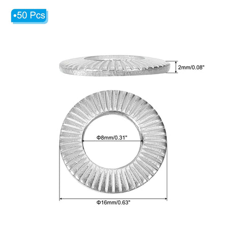 M8x16mm 304 Stainless Steel Belleville Spring Disc Washer 50 Pack Conical Knurled Gasket For Automotive Industrial Construction Use Heavy Duty Be Beefy Performance Flat Washer Set, 2mm thickness, M8 bore