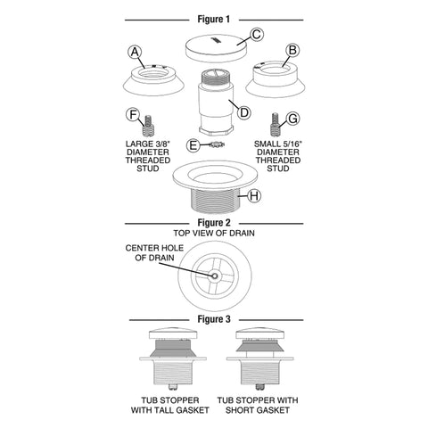 Diagram of Chrome Touch Toe Tub Stopper Fits 2 Inch Cross Arm Drains With Adapters For Five Sixteenths And Three Eighths Inch Thread Sizes