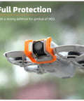 Quick-Release Gimbal Bumper For NEO Drone attached, showcasing anti-collision full gimbal protection and lens guard in flight.