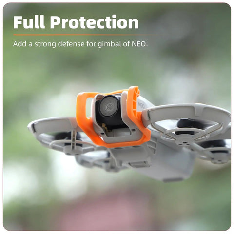 Quick-Release Gimbal Bumper For NEO Drone attached, showcasing anti-collision full gimbal protection and lens guard in flight.