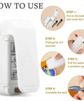 Slick Mini Portable Handheld Bag Sealer For Fresh Snack Storage And Grocery Plastic Packaging Clamps Hassle Free Heat Seal Tool Compact Kitchen Gadget White showing step-by-step usage instructions.