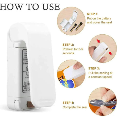 Slick Mini Portable Handheld Bag Sealer For Fresh Snack Storage And Grocery Plastic Packaging Clamps Hassle Free Heat Seal Tool Compact Kitchen Gadget White showing step-by-step usage instructions.