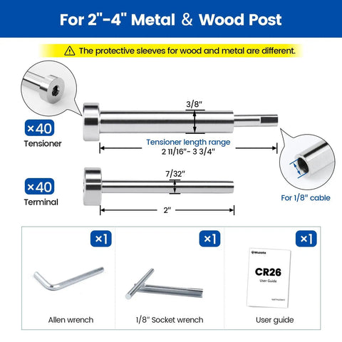 Invisible Cable Railing Hardware Kit For 4x4 Wood Posts And Metal Posts 80 Pack 40 Pairs Tensioners And Terminals One Eighth Inch Stainless Steel Deck Cable System T316 Patented Design diagram showing tensioners, terminals, tools, and guide