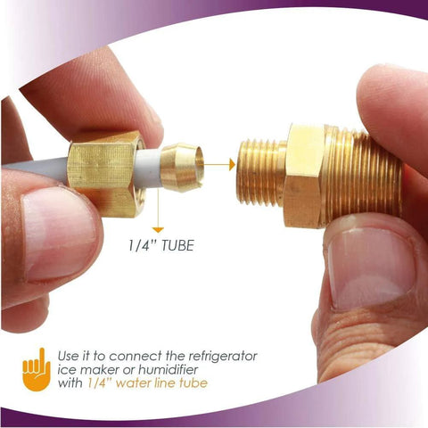 Close-up of brass ice maker water line fitting with 3/8 NPT male and 1/4 inch compression tube