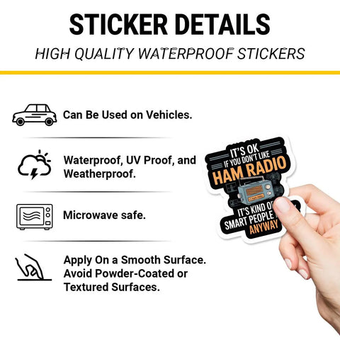 Person holding Ham Radio Sticker Set 3 Pcs Funny Operator Quote Vinyl Decals Waterproof For Laptops with sticker details chart