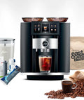Top Shelf Automatic Espresso Machine Featuring Giant Interactive Touchscreen And Single Button Operation In Sleek Diamond Black Finish Includes Complete Gear Bundle for brewing espresso with coffee beans.