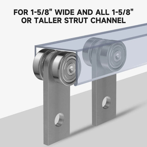 2 Wheel Trolley Assembly Rollers with Dual Bearings for 1-5/8 Inch & Taller Strut Channel, close-up view, pack of 30