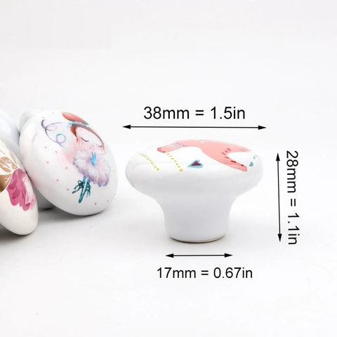 Dang Cute Cartoon Ceramic Drawer Knobs With Sturdy Zinc Alloy Core Comfortable Grip Kitchen Cabinet Pulls And Wardrobe Hardware Four Pack, 38mm wide, 28mm tall.