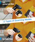 Handheld USB 2D Barcode Scanner Wired Plug And Play Automatic QR Code Reader With Long USB Cable shown with packaging and use