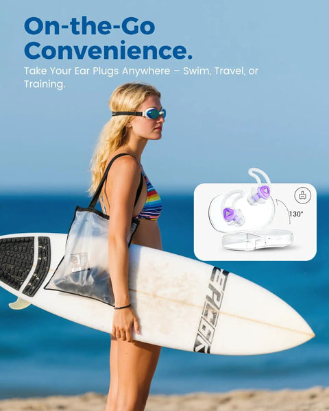 Woman at beach holding surfboard with image inset of purple swim ear plugs for adults silicone reusable waterproof with custom fit