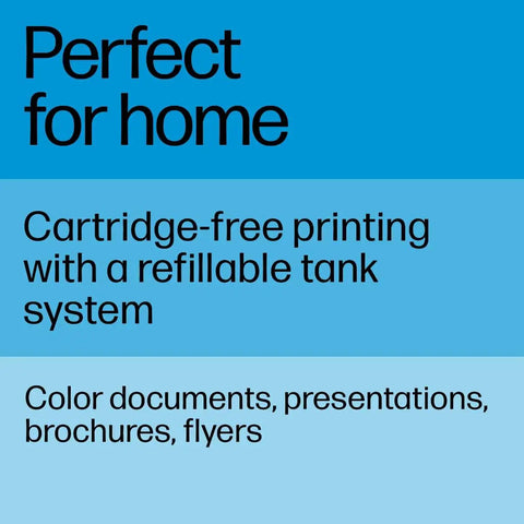 Text graphic promoting the Wireless All-In-One Printer With Refillable Ink Tanks for color documents and home use.