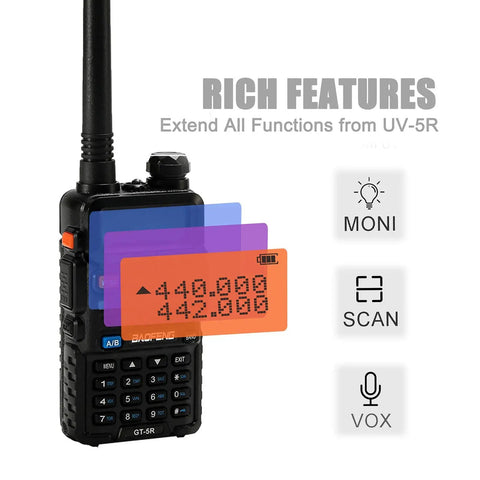 Close-up of a Six Pack GT5R Ham Radios Handheld Dual Band Two Way Radios FCC Compliant with display and feature icons.
