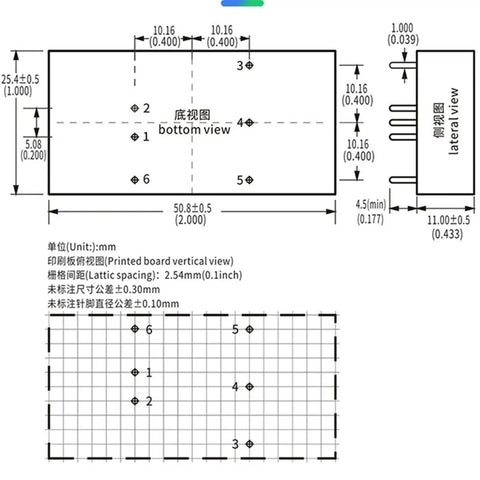 Diagram showing dimensions and layout for the Straight Up Reliable 10W DCDC Isolated Switching Converter Step Down Power Supply Module 24V To 5V 2A.