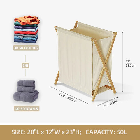Collapsible Bamboo Wood Laundry Hamper With X Frame Foldable Laundry Basket And Linen Canvas Bag, 50L Capacity, 20x12x23 Inches