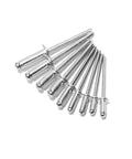Five Box Aluminum Dome Head Blind Rivets Kit With Assorted M3.2 M4 M4.8 Sizes, Pop Rivets For Auto Repair, DIY Projects, Metal And Plastic Enclosures, Durable Aluminum Construction, Smooth Clamp Head Design For Quick, Secure Fastening. assorted aluminum blind rivets laid out in sizes