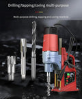 Highly Portable Magnetic Drill Press With 1350W Motor And 16mm Boring, showcasing various drill bits and machine features.