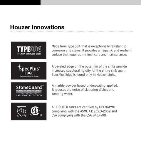 Houzer Innovations detailing 18 Inch Undermount Oval Stainless Steel Bathroom Sink Without Overflow features and certifications