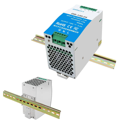Workhorse 24V 5A DIN Rail Switching Power Supply 120W for PLCs, sensors, relays with DIN rail mount visible