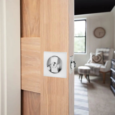 Pocket Door Lock With Key For Hidden Barn Doors, Recessed Two Sided Latch, Modern Square Sliding, Brushed Nickel, Installed