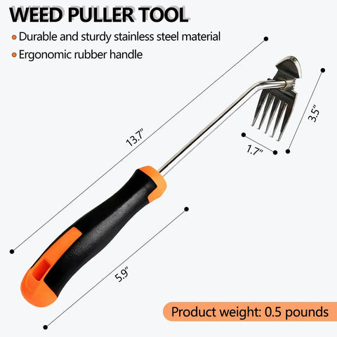 Five Teeth Weed Puller Tool With Rubber Handle Upgraded Stainless Steel Hand Weeder For Garden And Yard, size dimensions shown