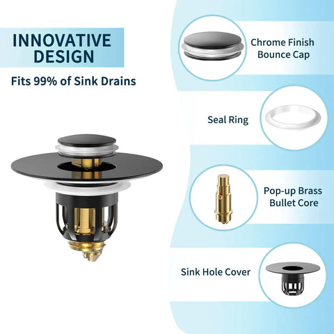 Universal Bathroom Sink Stopper With Pop Up Drain Plug And Hair Catcher Basket, Anti Clogging Filter For 1.06 To 1.65 Inch Drains, Hassle Free Push Down Mechanism That Slays Hair Buildup And Saves You Cash On Plumbing