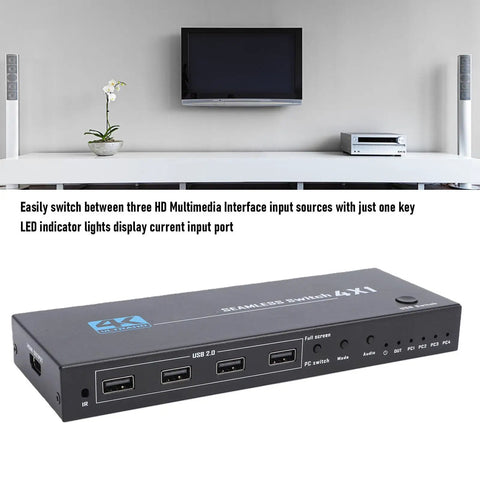 Boss Level 8K 60Hz KVM Switch For PC Laptop And Gaming Console Monitor 4 Port USB HDMI, sleek design with multiple input ports.