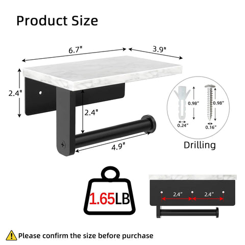 Marble Toilet Paper Holder With Shelf Wall Mounted 304 Stainless Steel Tissue Roll Holder Matte Black Bathroom Organizer Built To Last Easy Install No Fuss Modern Bathroom Setup - product dimensions and installation guidance with drilling details
