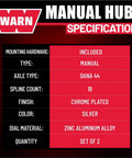 Product specifications for Premium Manual Locking Hub Kit With 19 Spline Fit Zinc Aluminum Dial Dual Seals Chrome Finish.