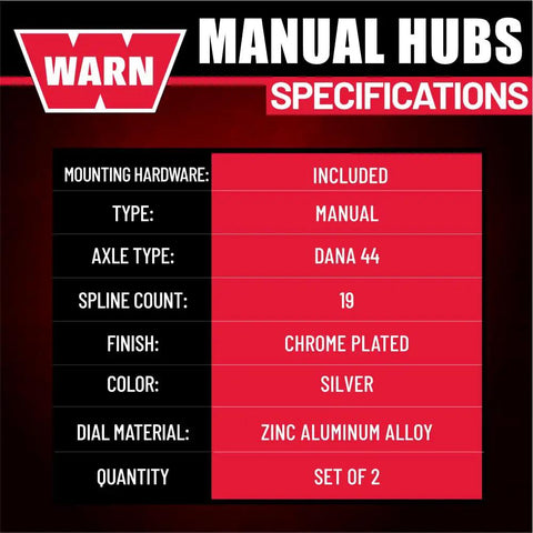 Product specifications for Premium Manual Locking Hub Kit With 19 Spline Fit Zinc Aluminum Dial Dual Seals Chrome Finish.