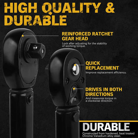 Close-up of 3/8 Inch Drive Click Torque Wrench with Dual Range Scale, 10-80 Ft-Lb and 13.6-108.5 Nm, durable CRV construction