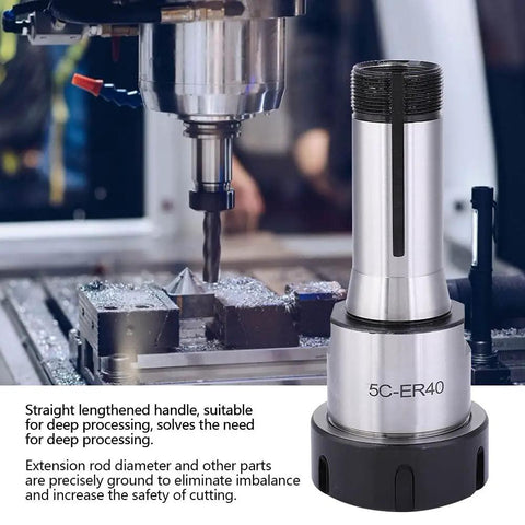 5C Collet Chuck Holder For Deep Milling in use with CNC machine, precision ground hardened steel, extended shank visible