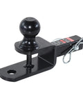 Three In One ATV UTV Trailer Hitch Mount With Two Inch Ball And One Quarter Inch Rise For Tow Straps Fits One And One Quarter Inch Receiver Includes Clevis Mount Hole Ready To Roll. black steel hitch mount with 2 inch ball and clevis hole