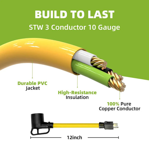 Nema 5 15P To 10 50R Electric Vehicle Charging Adapter Cord 15 Amp Max with 10 gauge pure copper wires and durable PVC jacket.