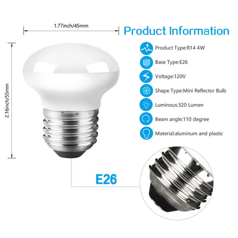 Diagram highlighting features of Mini R14 Led Light Bulb For Curio Cabinets E26 Base 2 Inch Size 4W Equivalent 25W 3000K