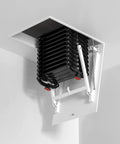 Rock Solid Electric Attic Ladder With Remote Controlled Folding Pull Down Loft Stairs visible in ceiling, compact design.