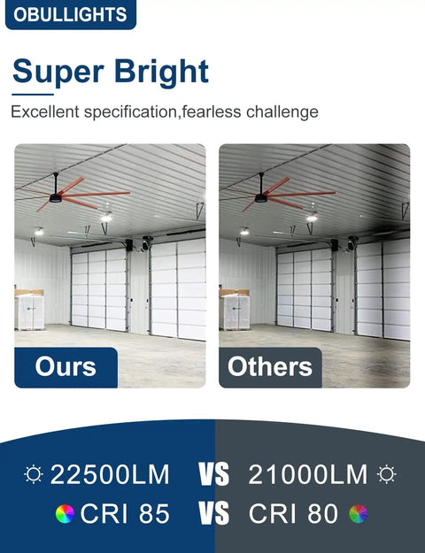 Comparison of Ultra Bright UFO LED High Bay Light 150W 22500lm 5000K, 100-277V IP65 in warehouse setting