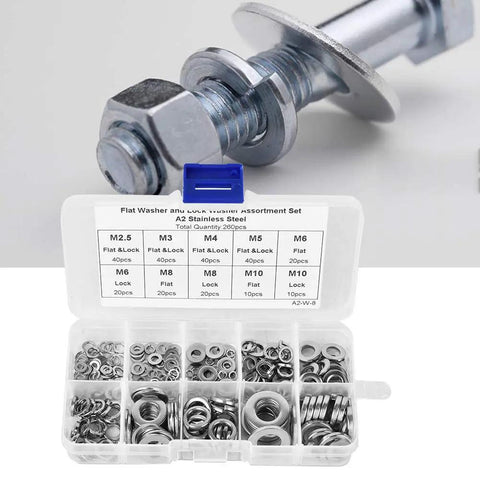 Heavy Duty Stainless Steel Washer Set With 260 Pcs Spring And Flat Washers In Seven Sizes M2.5 To M10 Rust Resistant Assortment Kit For Home Workshop And Factory Use, box open