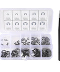 120 Piece E Clip Circlip External Retaining Clip Set in 304 Stainless Steel, organized in a plastic case with sizes 1.5-10 mm visible.