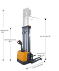 Powerful 3300 Lb Capacity Electric Pallet Stacker With Drive And Lift Features Adjustable Forks at max height of 138 inches.