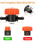 1/4-Inch irrigation barb shut-off valve with open and closed positions, part of 25 Pack One Quarter Inch Drip Irrigation Shut Off Valves Easy Install Inline Water Flow Control for Garden Beds and Containers Barbed Fittings Compatible with One Quarter Inch Tubing.