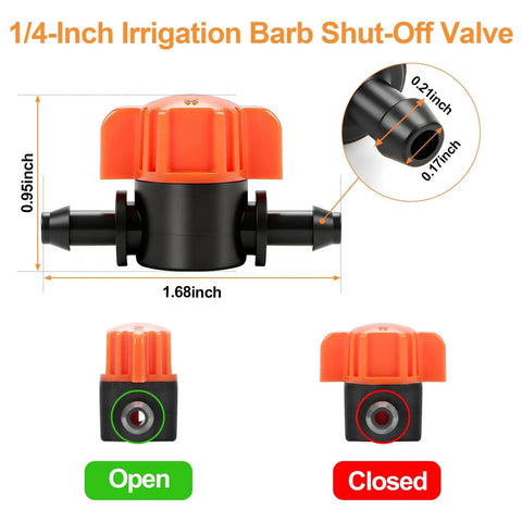 1/4-Inch irrigation barb shut-off valve with open and closed positions, part of 25 Pack One Quarter Inch Drip Irrigation Shut Off Valves Easy Install Inline Water Flow Control for Garden Beds and Containers Barbed Fittings Compatible with One Quarter Inch Tubing.